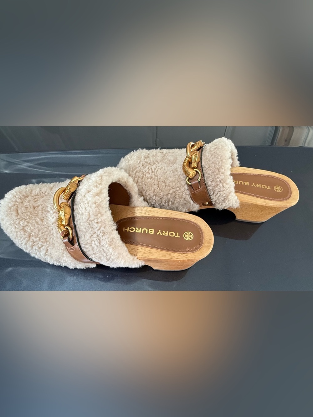 Tory Burch Shearling/Veg Leather Clog with Gold Hardware. Shoe box included. - Picture 3 of 5